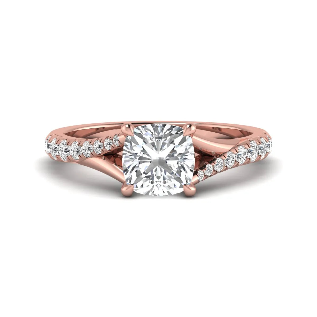 Cushion cut lab grown diamond split shank pavé engagement ring with four-prong setting and rose gold band.