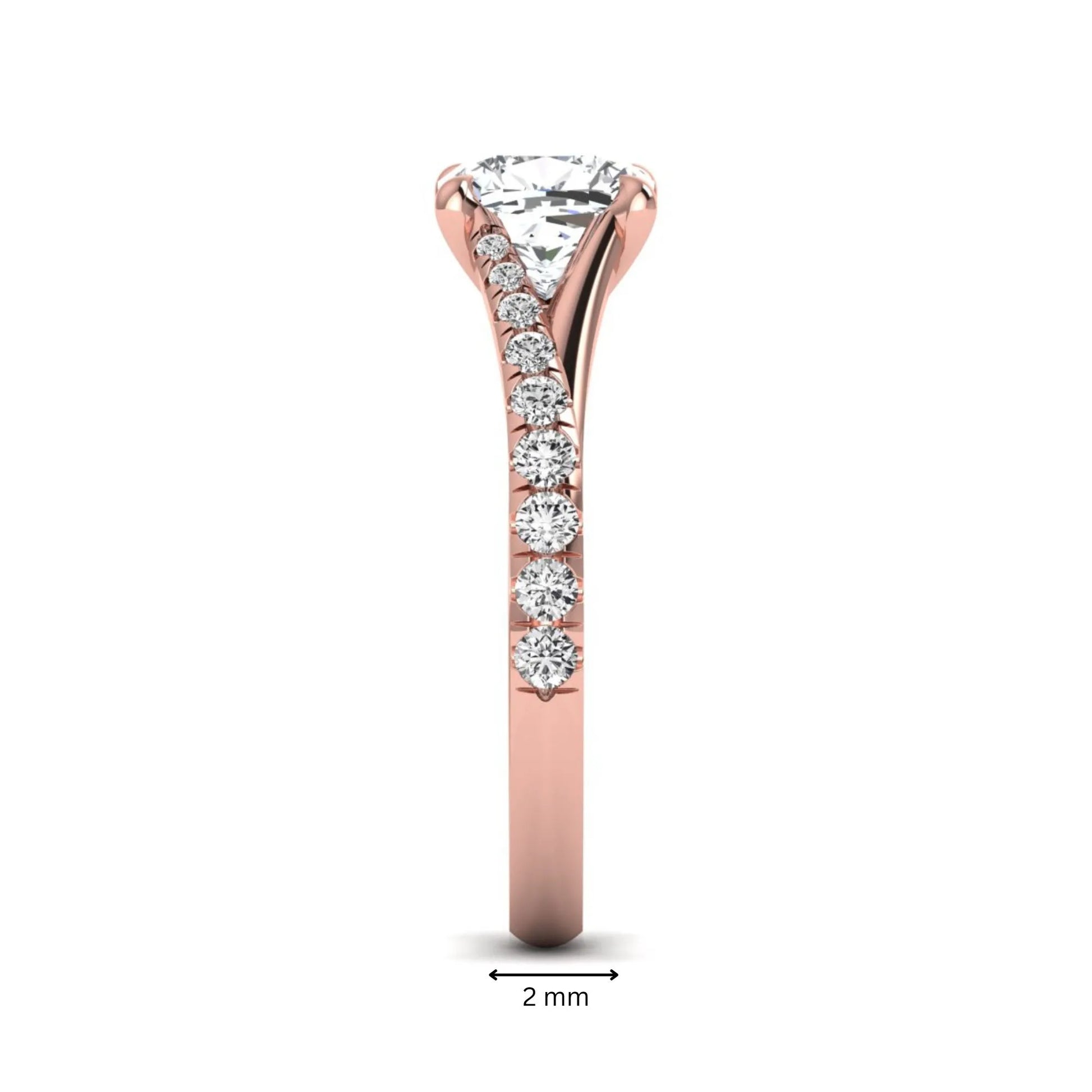 Cushion cut lab grown diamond split shank pavé engagement ring with four-prong setting and rose gold band.