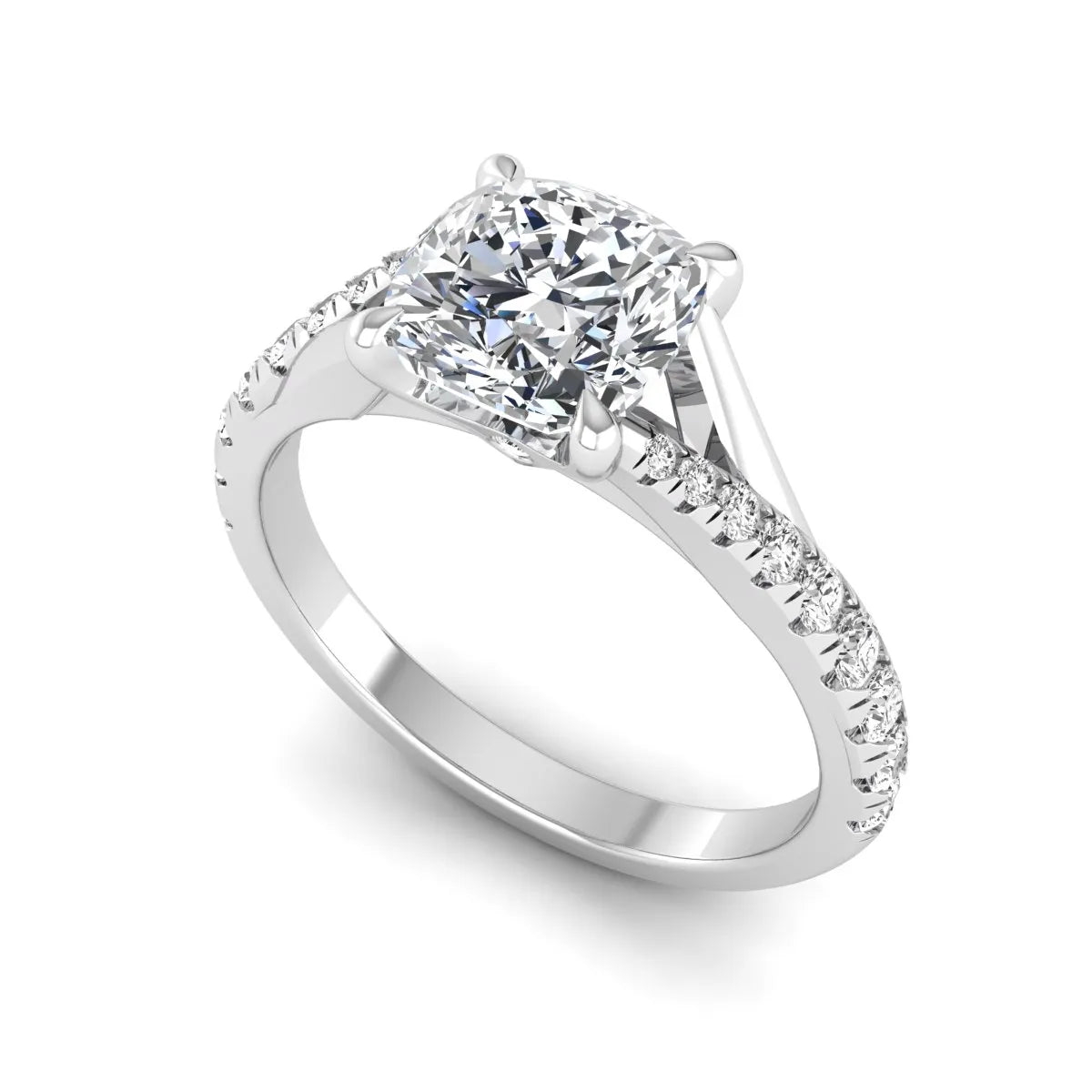 Cushion cut lab grown diamond split shank pavé engagement ring with four-prong setting and white gold band.