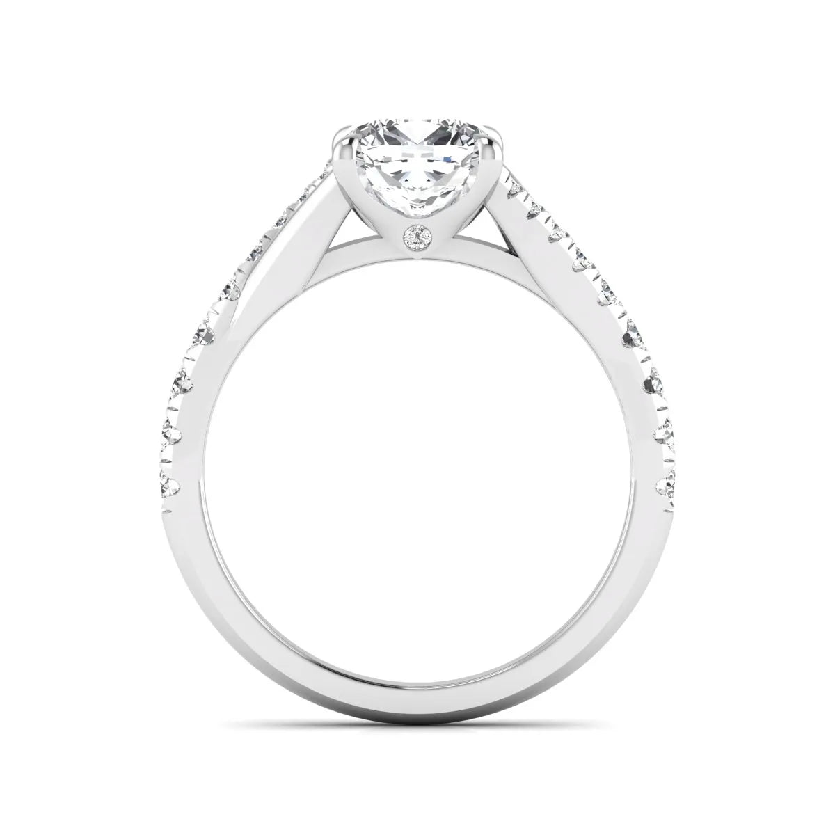 Cushion cut lab grown diamond split shank pavé engagement ring with four-prong setting and white gold band.