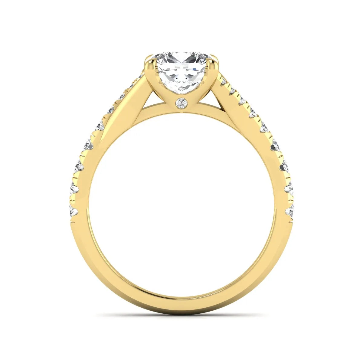 Cushion cut lab grown diamond split shank pavé engagement ring with four-prong setting and yellow gold band.