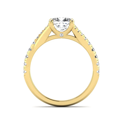 Cushion cut lab grown diamond split shank pavé engagement ring with four-prong setting and yellow gold band.