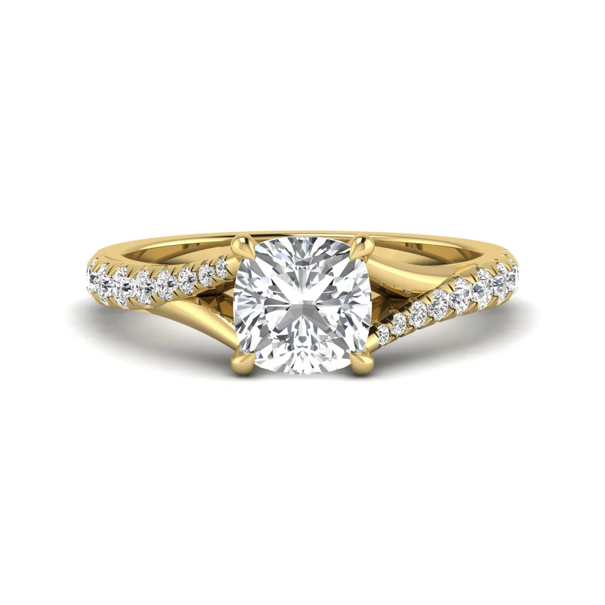 Cushion cut lab grown diamond split shank pavé engagement ring with four-prong setting and yellow gold band.