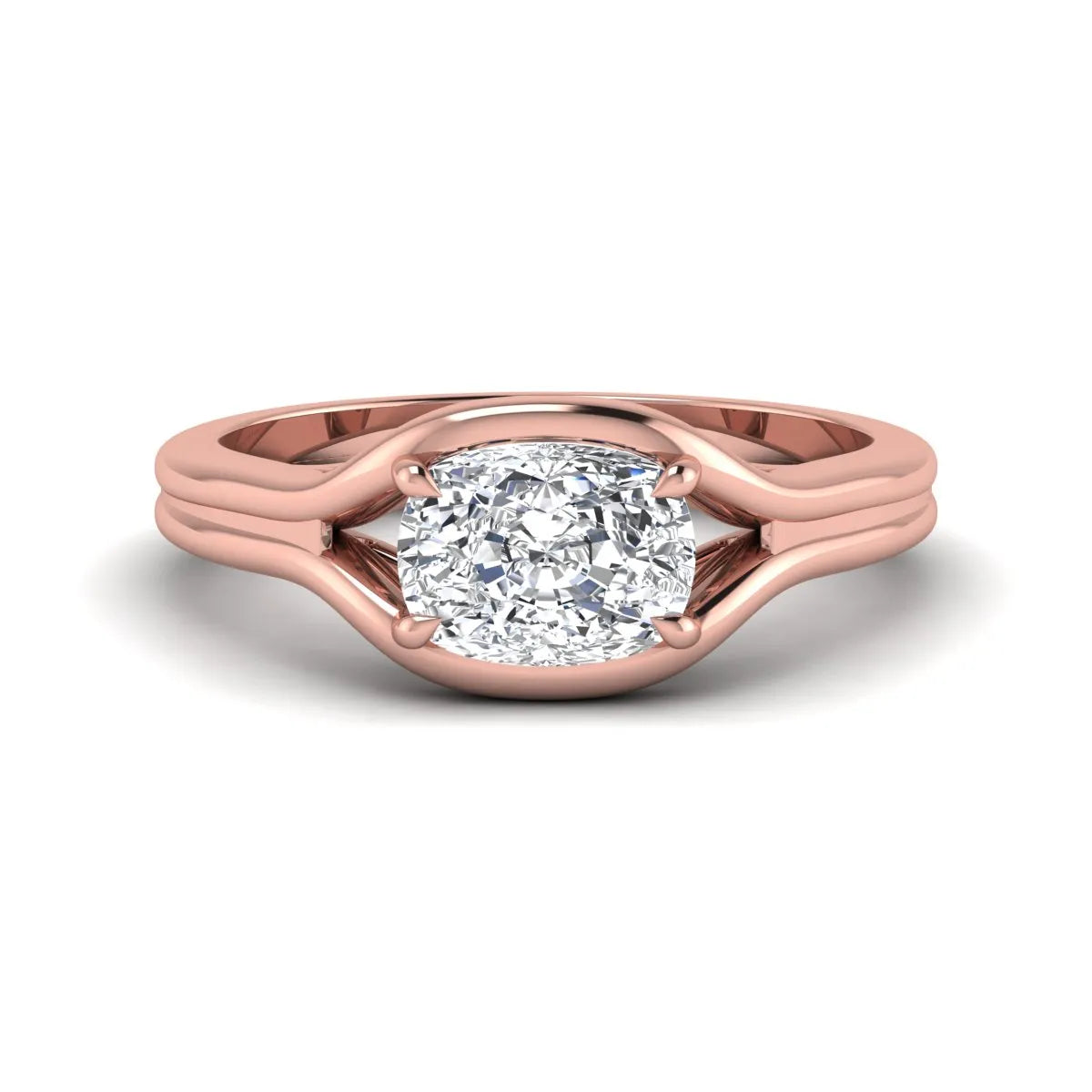IGI certified cushion cut lab grown diamond split shank solitaire engagement ring in rose gold.