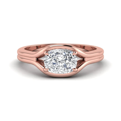 IGI certified cushion cut lab grown diamond split shank solitaire engagement ring in rose gold.