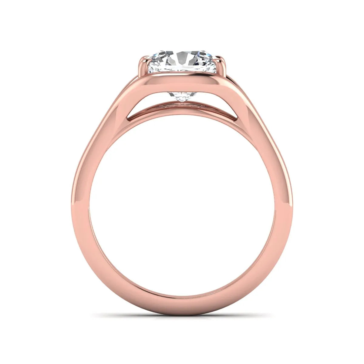 IGI certified cushion cut lab grown diamond split shank solitaire engagement ring in rose gold.