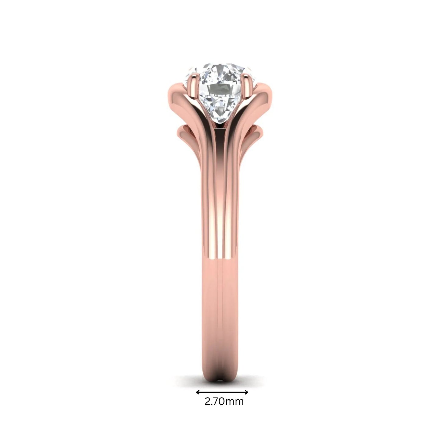 IGI certified cushion cut lab grown diamond split shank solitaire engagement ring in rose gold.