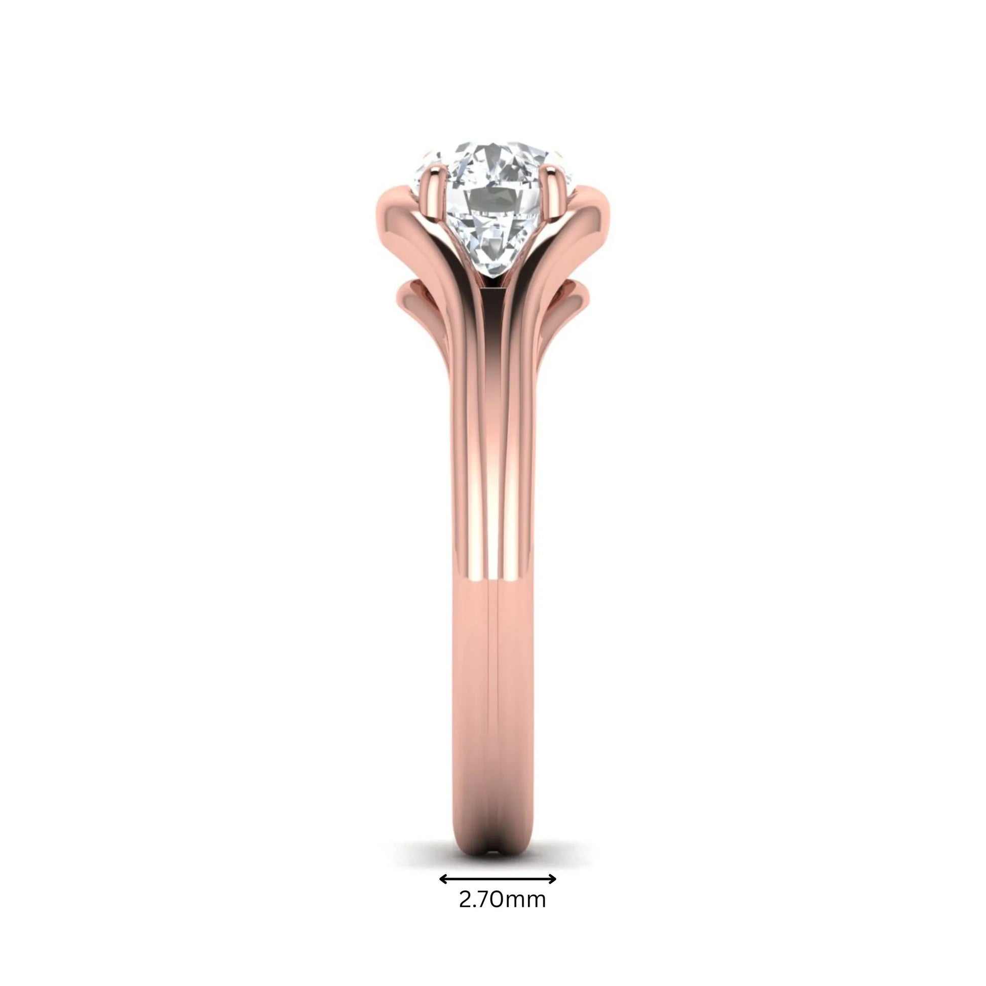 IGI certified cushion cut lab grown diamond split shank solitaire engagement ring in rose gold.