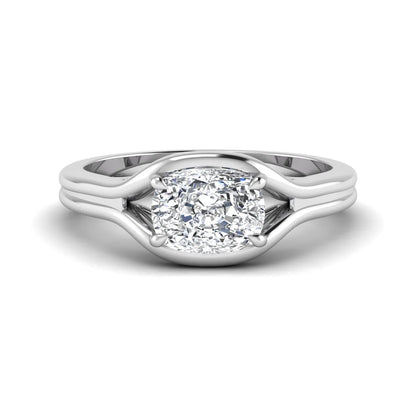 IGI certified cushion cut lab grown diamond split shank solitaire engagement ring in white gold.