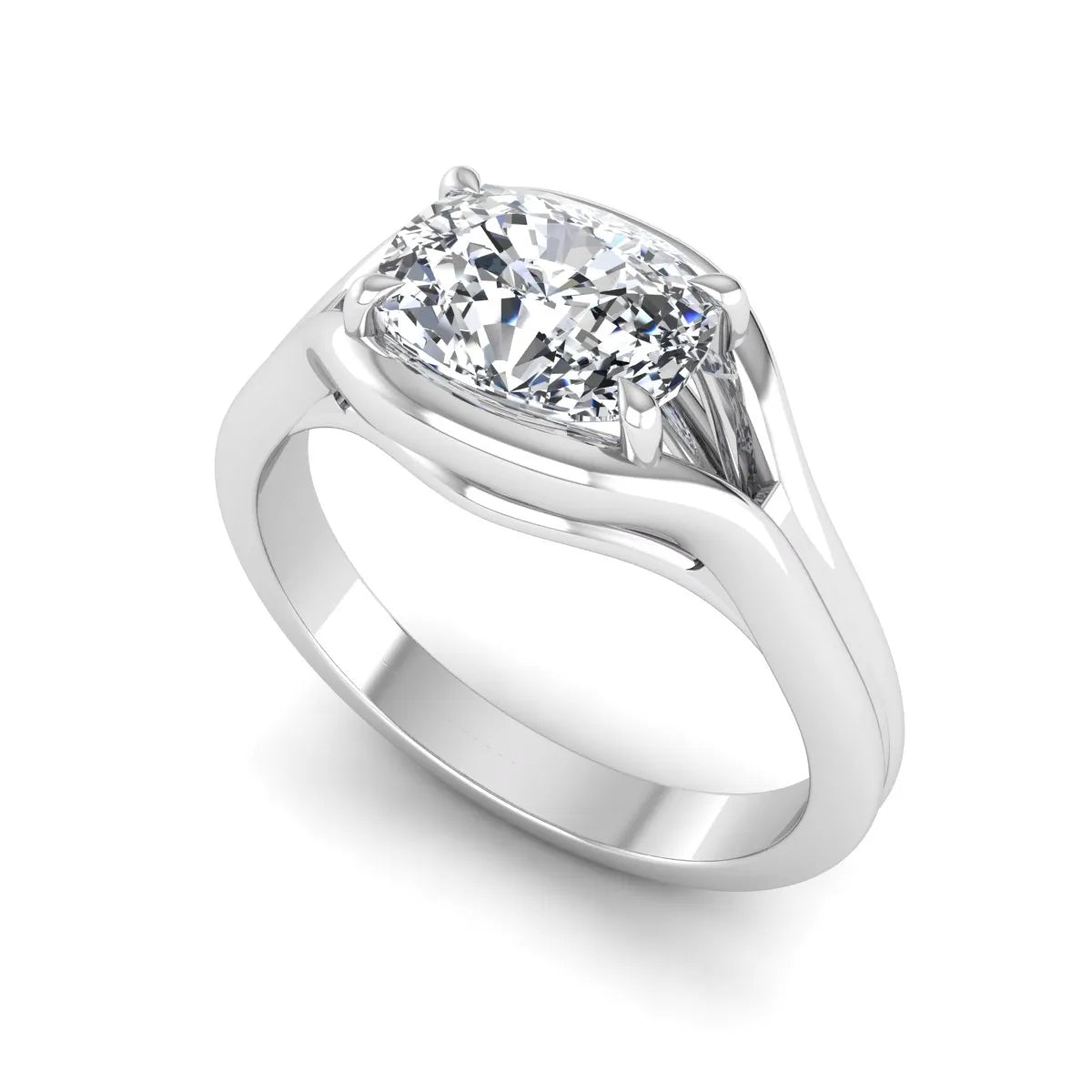 IGI certified cushion cut lab grown diamond split shank solitaire engagement ring in white gold.