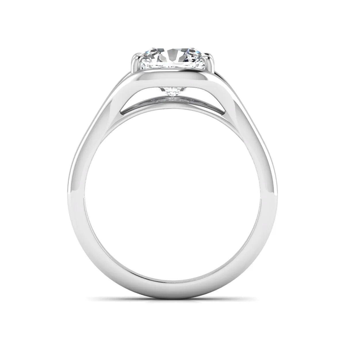 IGI certified cushion cut lab grown diamond split shank solitaire engagement ring in white gold.