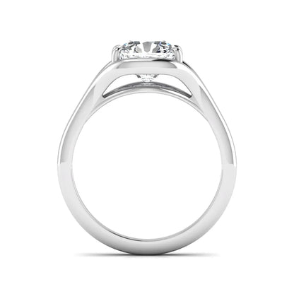 IGI certified cushion cut lab grown diamond split shank solitaire engagement ring in white gold.
