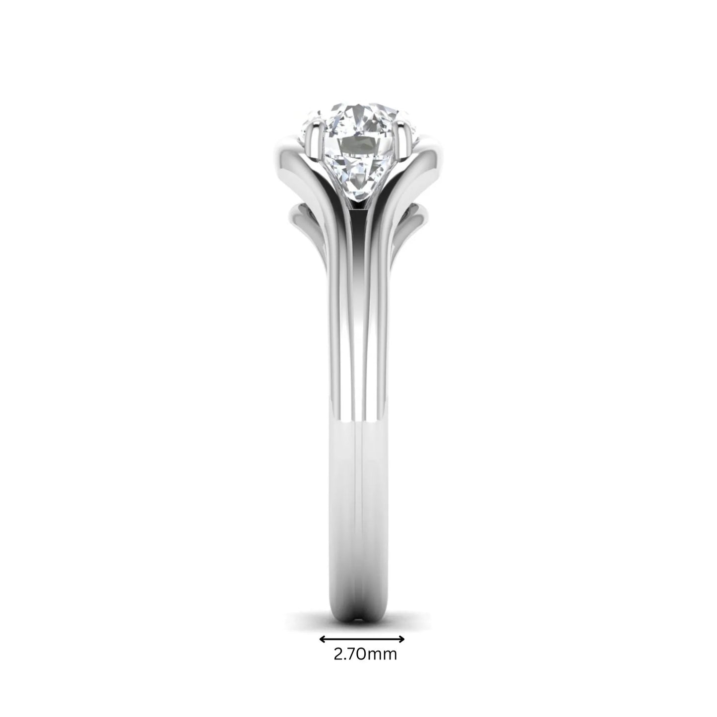 IGI certified cushion cut lab grown diamond split shank solitaire engagement ring in white gold.