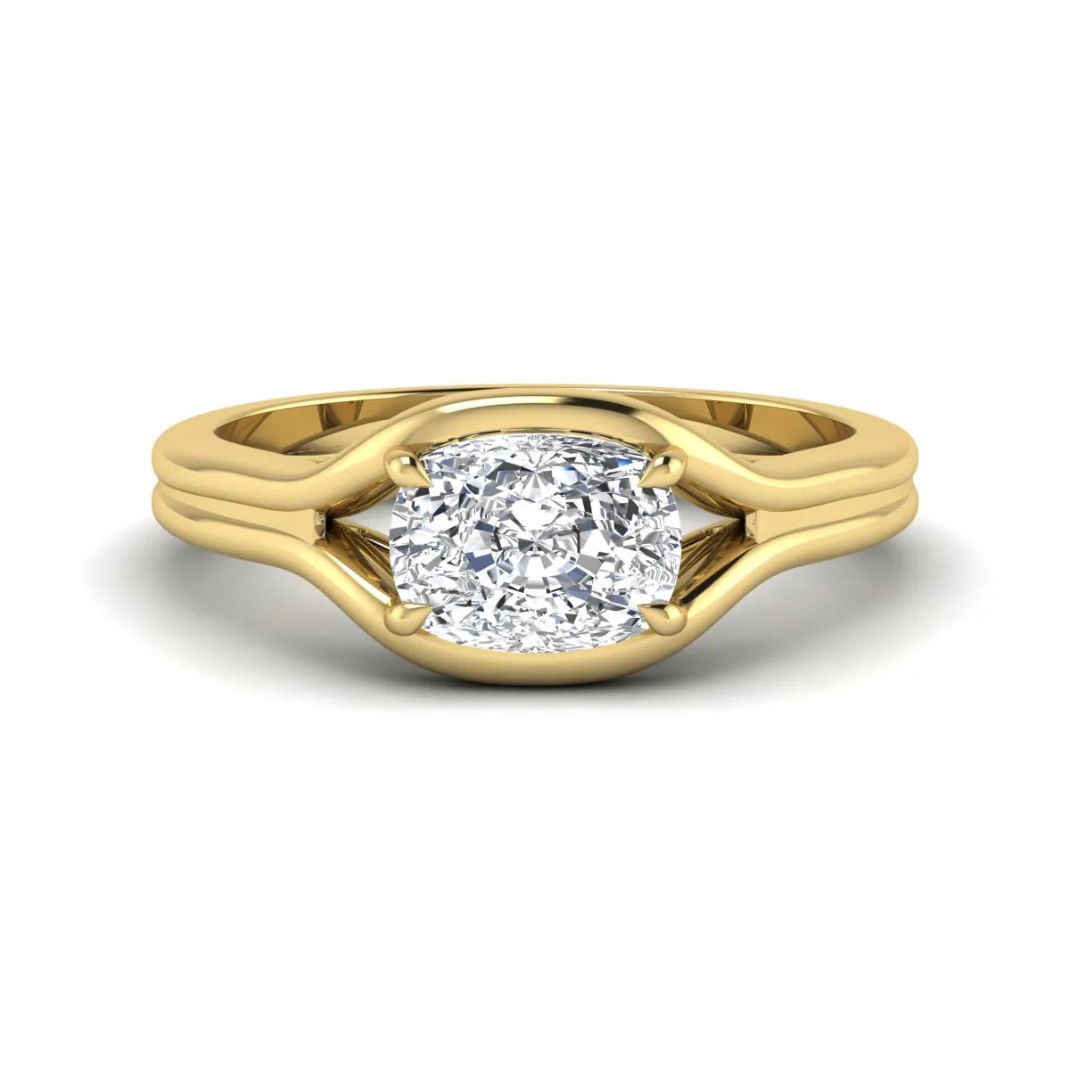 IGI certified cushion cut lab grown diamond split shank solitaire engagement ring in yellow gold.