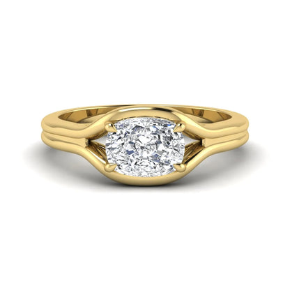 IGI certified cushion cut lab grown diamond split shank solitaire engagement ring in yellow gold.