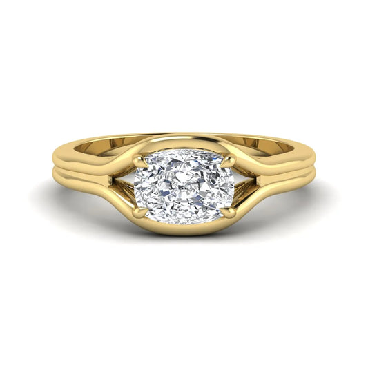 IGI certified cushion cut lab grown diamond split shank solitaire engagement ring in yellow gold.