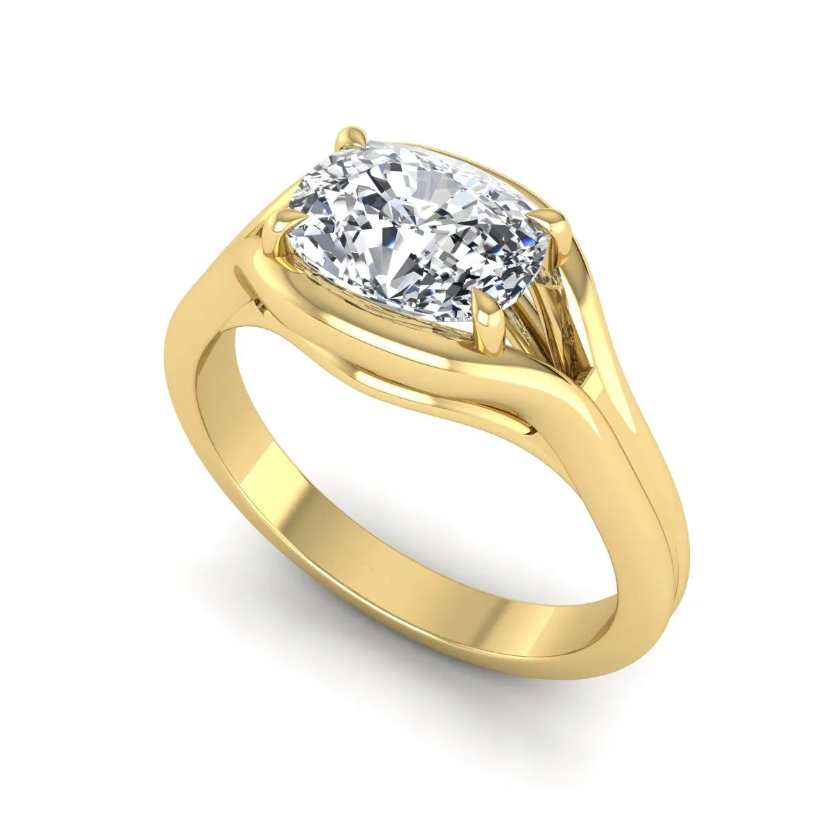 IGI certified cushion cut lab grown diamond split shank solitaire engagement ring in yellow gold.