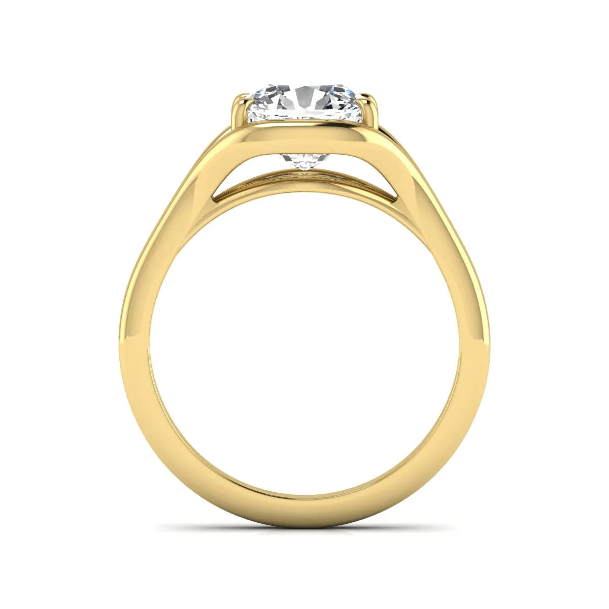 IGI certified cushion cut lab grown diamond split shank solitaire engagement ring in yellow gold.