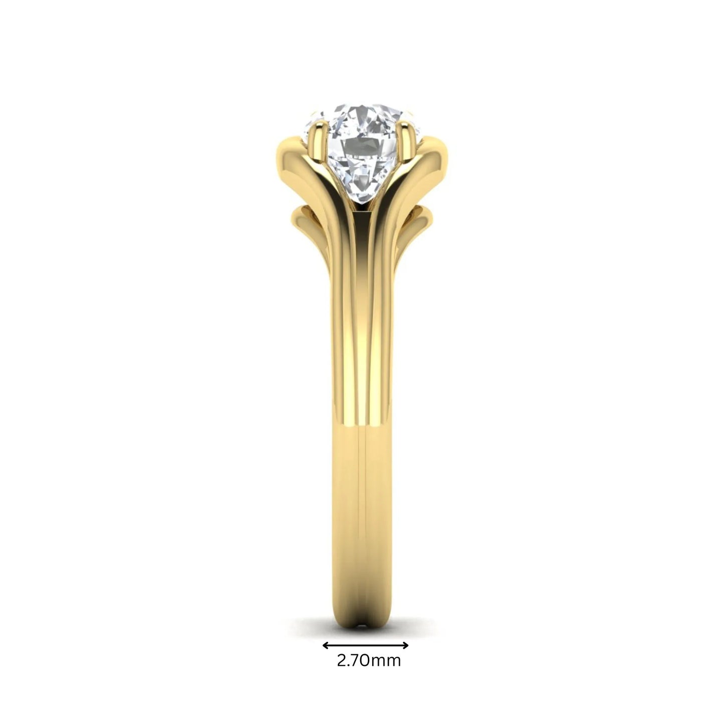 IGI certified cushion cut lab grown diamond split shank solitaire engagement ring in yellow gold.