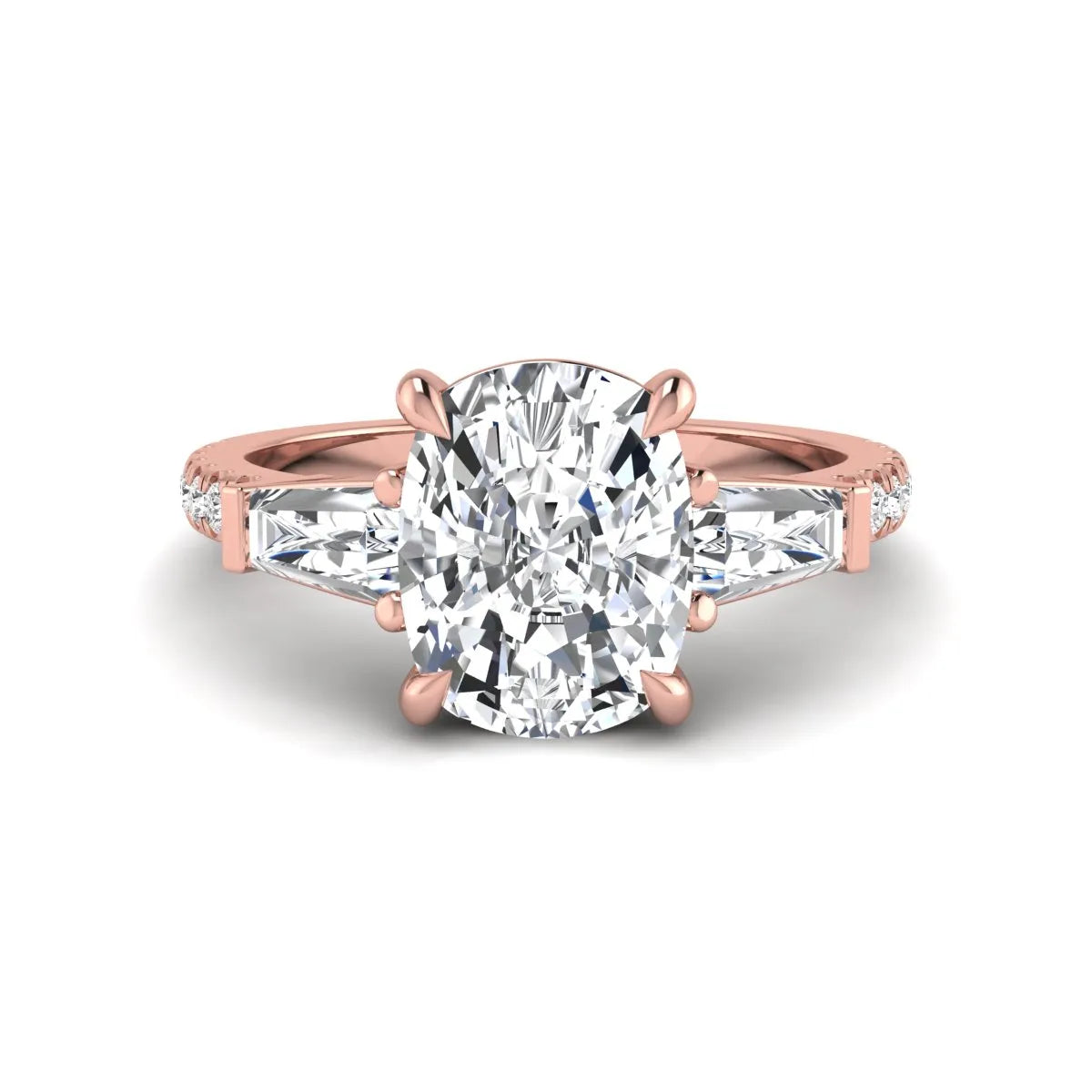 Cushion cut three stone lab grown diamond engagement ring featuring a 3.06 carat IGI certified cushion cut center diamond with tapered baguette side diamonds and pavé shank in rose gold.