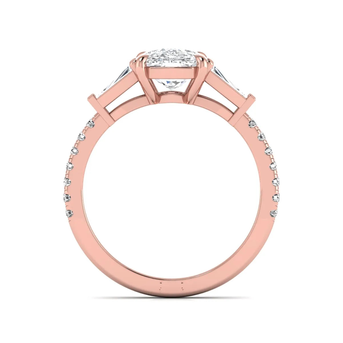 Cushion cut three stone lab grown diamond engagement ring featuring a 3.06 carat IGI certified cushion cut center diamond with tapered baguette side diamonds and pavé shank in rose gold.