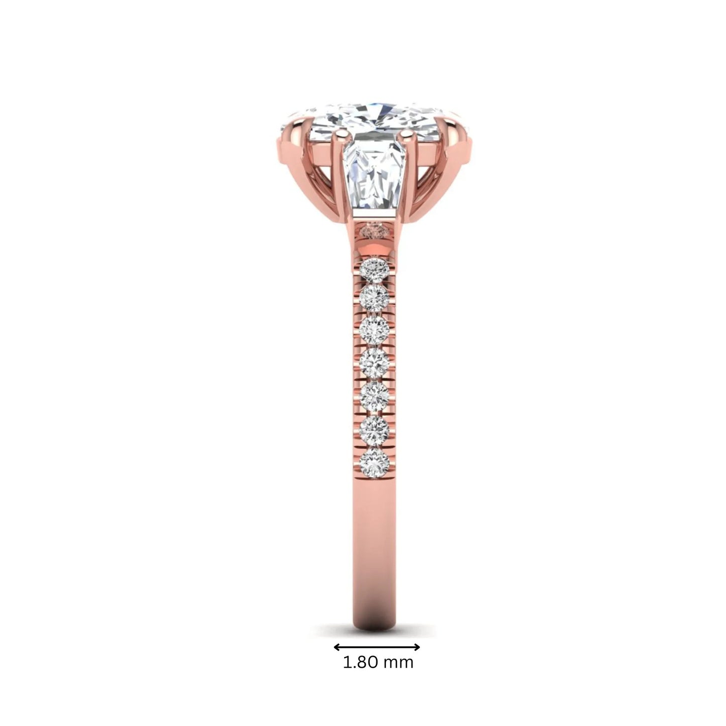 Cushion cut three stone lab grown diamond engagement ring featuring a 3.06 carat IGI certified cushion cut center diamond with tapered baguette side diamonds and pavé shank in rose gold.