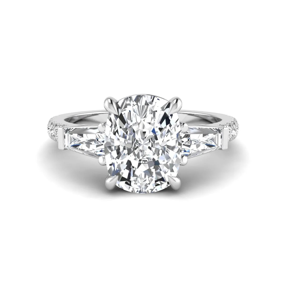 Cushion cut three stone lab grown diamond engagement ring featuring a 3.06 carat IGI certified cushion cut center diamond with tapered baguette side diamonds and pavé shank in white gold.