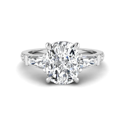 Cushion cut three stone lab grown diamond engagement ring featuring a 3.06 carat IGI certified cushion cut center diamond with tapered baguette side diamonds and pavé shank in white gold.
