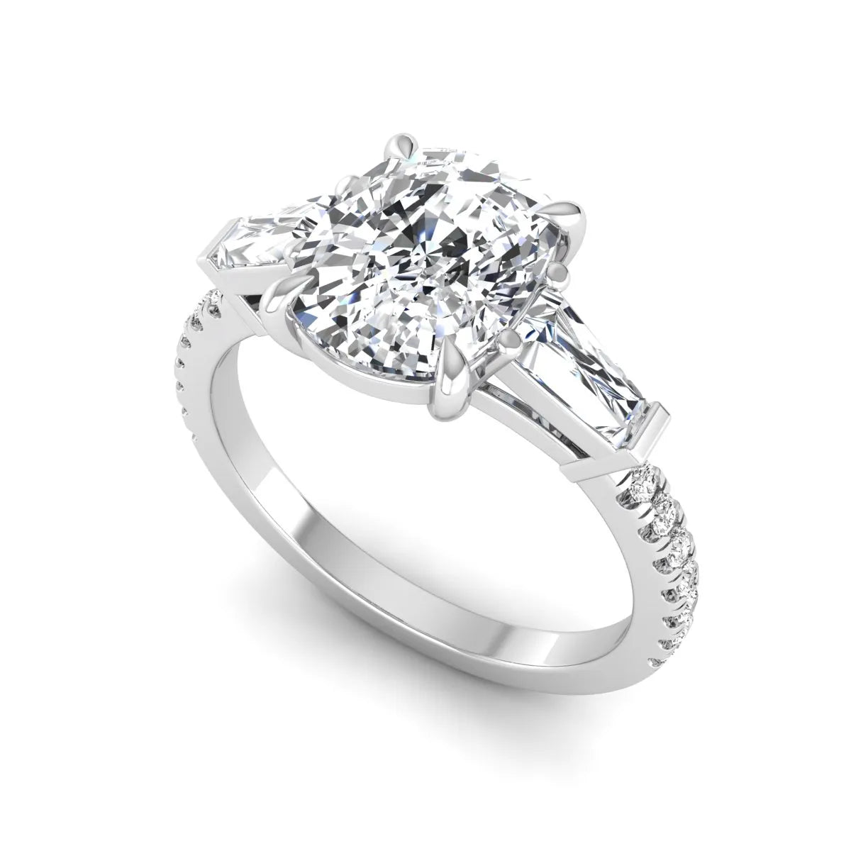Cushion cut three stone lab grown diamond engagement ring featuring a 3.06 carat IGI certified cushion cut center diamond with tapered baguette side diamonds and pavé shank in white gold.