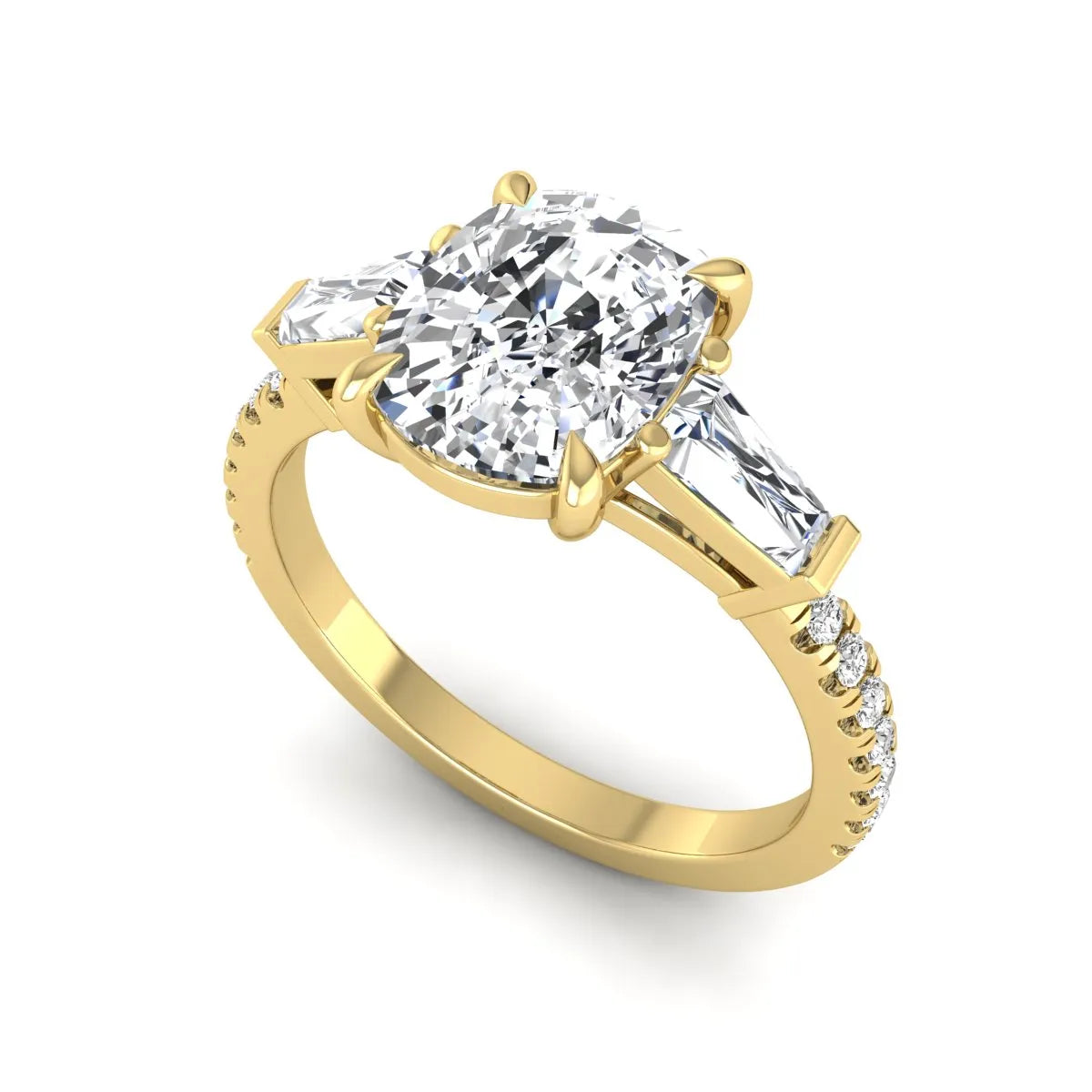 Cushion cut three stone lab grown diamond engagement ring featuring a 3.06 carat IGI certified cushion cut center diamond with tapered baguette side diamonds and pavé shank in yellow gold.