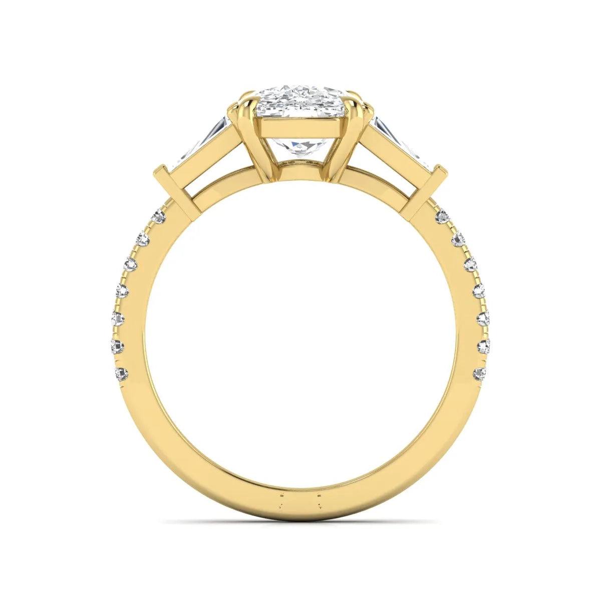 Cushion cut three stone lab grown diamond engagement ring featuring a 3.06 carat IGI certified cushion cut center diamond with tapered baguette side diamonds and pavé shank in yellow gold.
