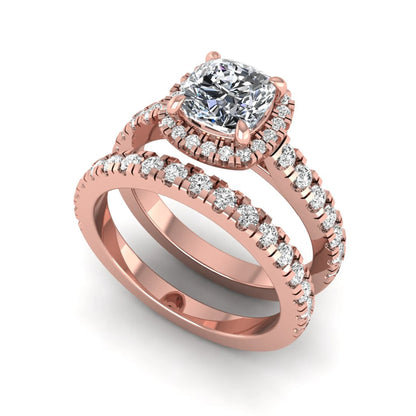 Cushion Halo Bridal Ring Set featuring a 6.00 mm cushion-cut lab grown diamond with a cushion halo, pavé cathedral engagement ring, and matching pavé wedding band in rose gold
