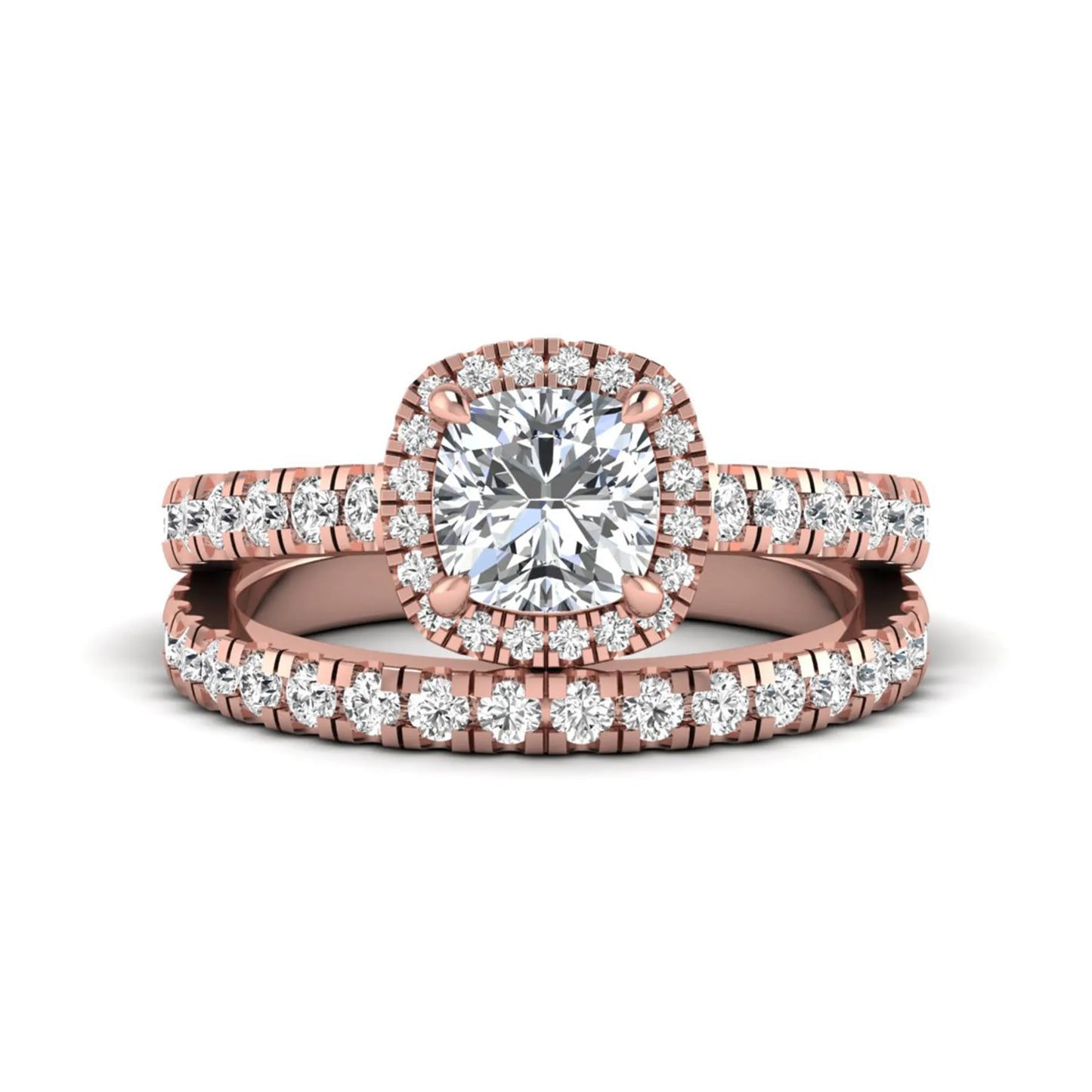 Cushion Halo Bridal Ring Set featuring a 6.00 mm cushion-cut lab grown diamond with a cushion halo, pavé cathedral engagement ring, and matching pavé wedding band in rose gold