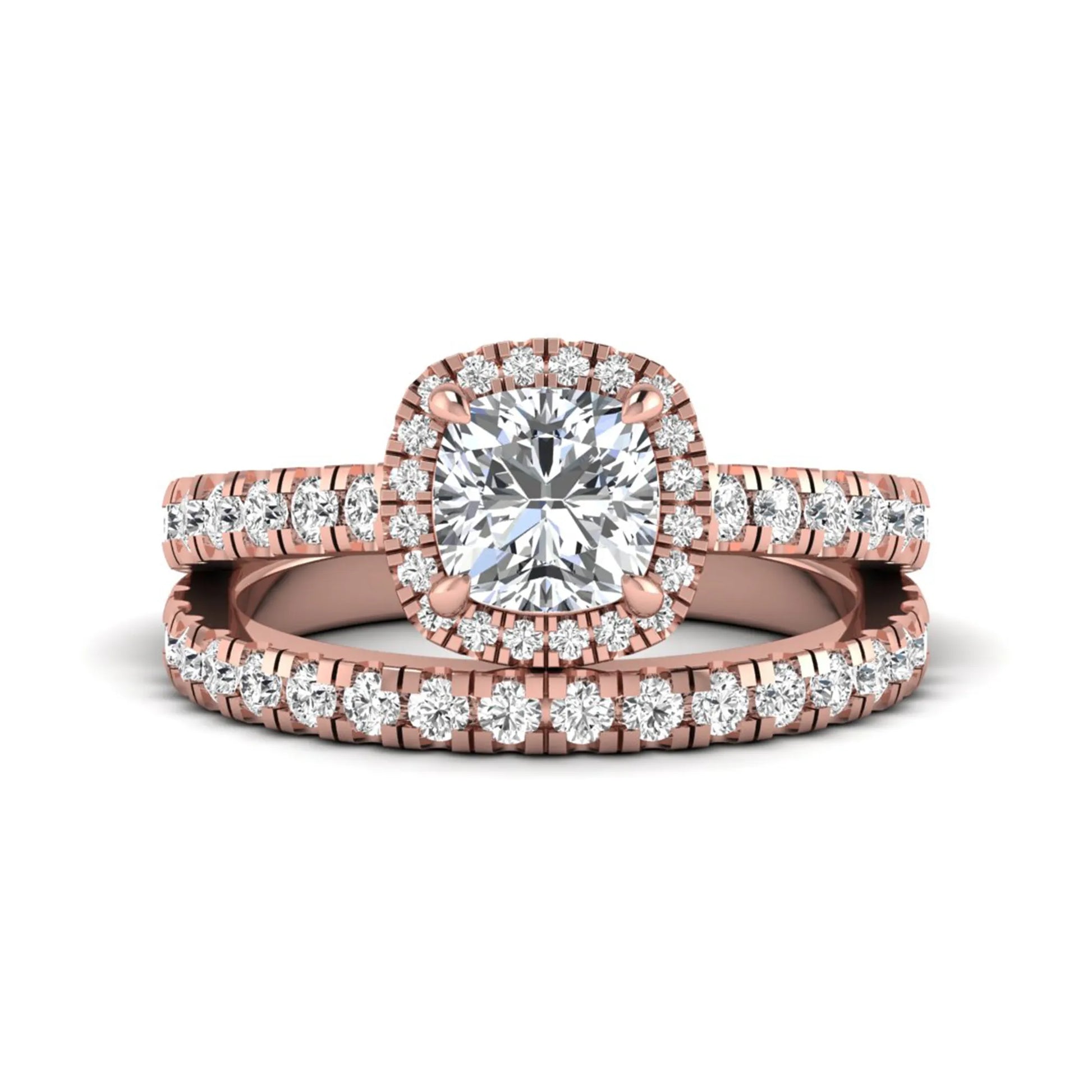 Cushion Halo Bridal Ring Set featuring a 6.00 mm cushion-cut lab grown diamond with a cushion halo, pavé cathedral engagement ring, and matching pavé wedding band in rose gold