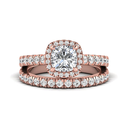 Cushion Halo Bridal Ring Set featuring a 6.00 mm cushion-cut lab grown diamond with a cushion halo, pavé cathedral engagement ring, and matching pavé wedding band in rose gold