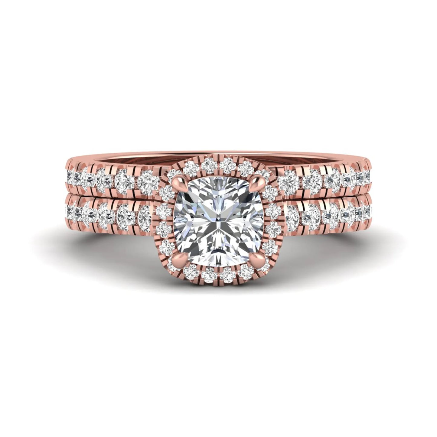 Cushion Halo Bridal Ring Set featuring a 6.00 mm cushion-cut lab grown diamond with a cushion halo, pavé cathedral engagement ring, and matching pavé wedding band in rose gold