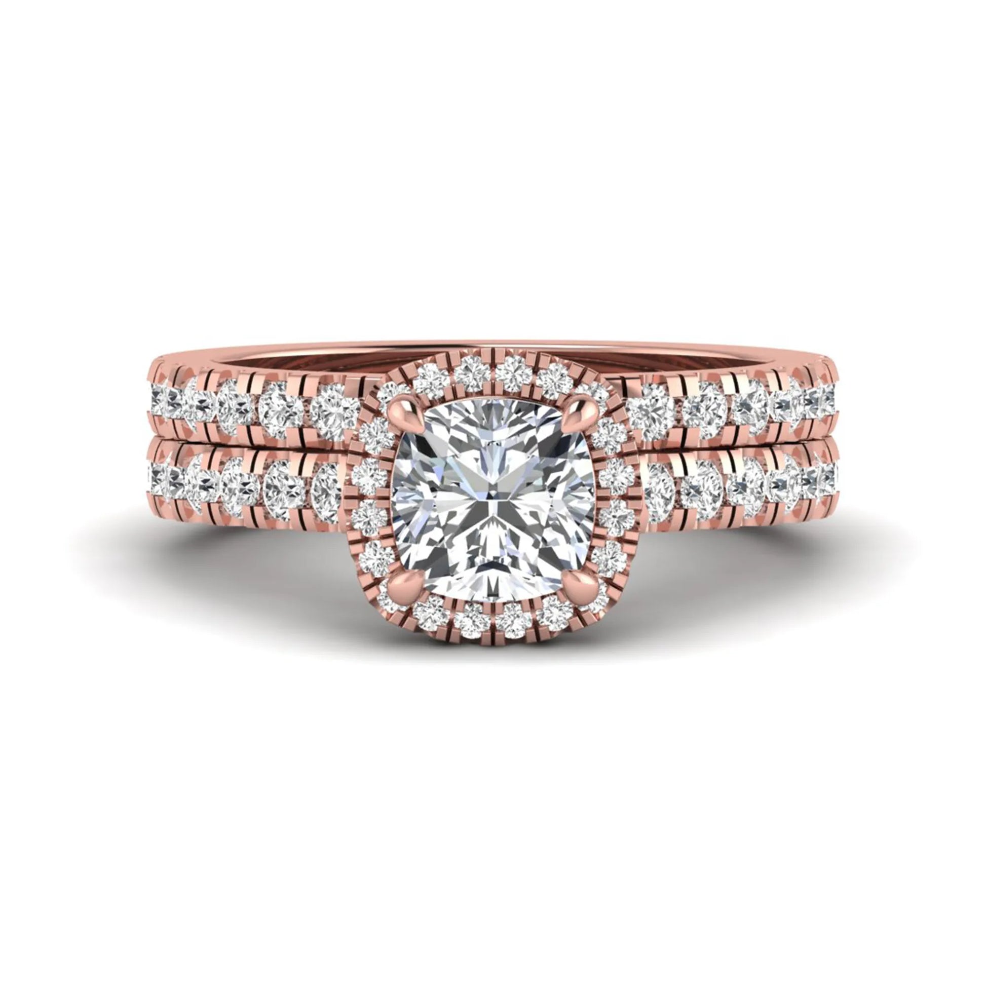 Cushion Halo Bridal Ring Set featuring a 6.00 mm cushion-cut lab grown diamond with a cushion halo, pavé cathedral engagement ring, and matching pavé wedding band in rose gold