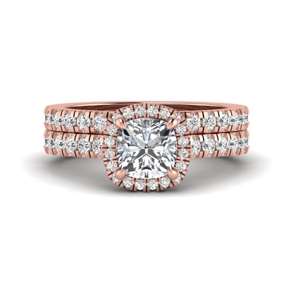 Cushion Halo Bridal Ring Set featuring a 6.00 mm cushion-cut lab grown diamond with a cushion halo, pavé cathedral engagement ring, and matching pavé wedding band in rose gold
