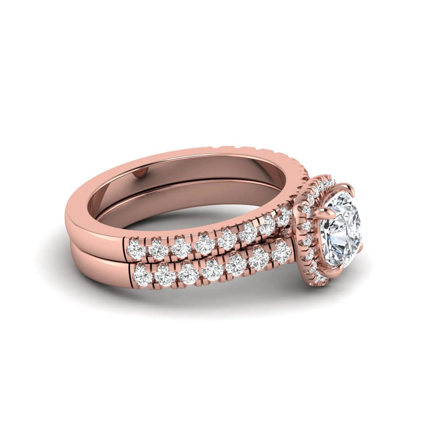 Cushion Halo Bridal Ring Set featuring a 6.00 mm cushion-cut lab grown diamond with a cushion halo, pavé cathedral engagement ring, and matching pavé wedding band in rose gold