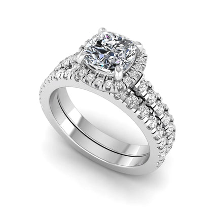 Cushion Halo Bridal Ring Set featuring a 6.00 mm cushion-cut lab grown diamond with a cushion halo, pavé cathedral engagement ring, and matching pavé wedding band in white gold