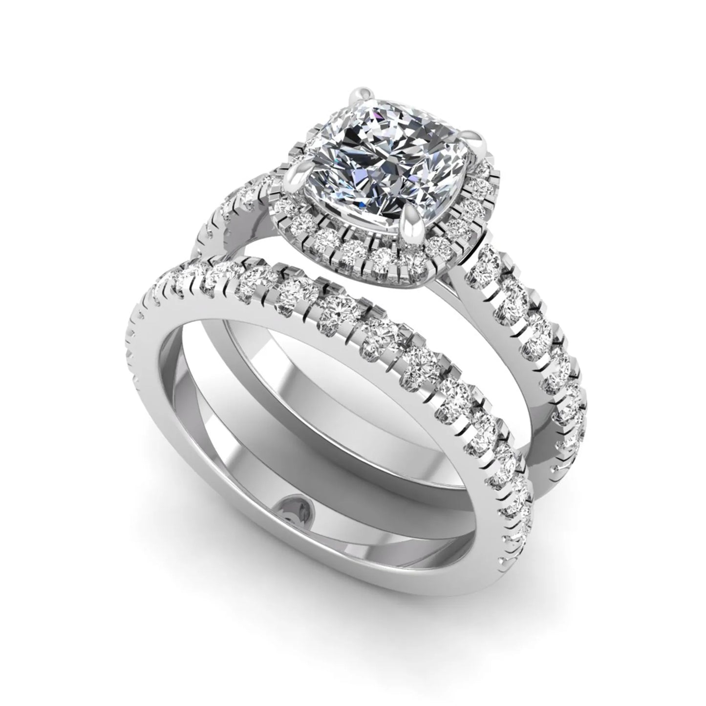Cushion Halo Bridal Ring Set featuring a 6.00 mm cushion-cut lab grown diamond with a cushion halo, pavé cathedral engagement ring, and matching pavé wedding band in white gold