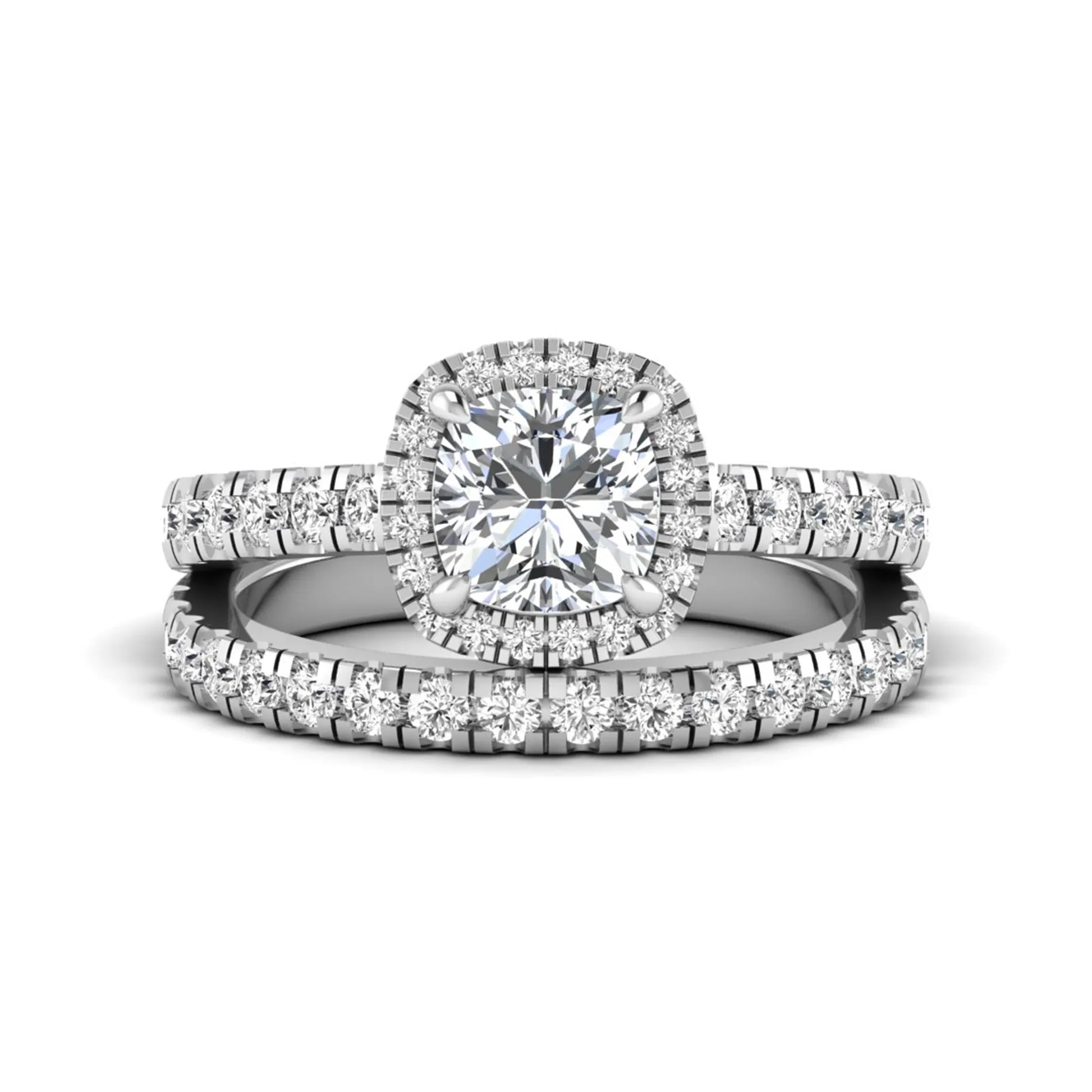 Cushion Halo Bridal Ring Set featuring a 6.00 mm cushion-cut lab grown diamond with a cushion halo, pavé cathedral engagement ring, and matching pavé wedding band in white gold