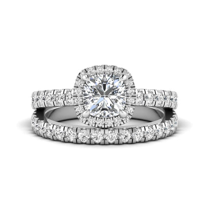 Cushion Halo Bridal Ring Set featuring a 6.00 mm cushion-cut lab grown diamond with a cushion halo, pavé cathedral engagement ring, and matching pavé wedding band in white gold