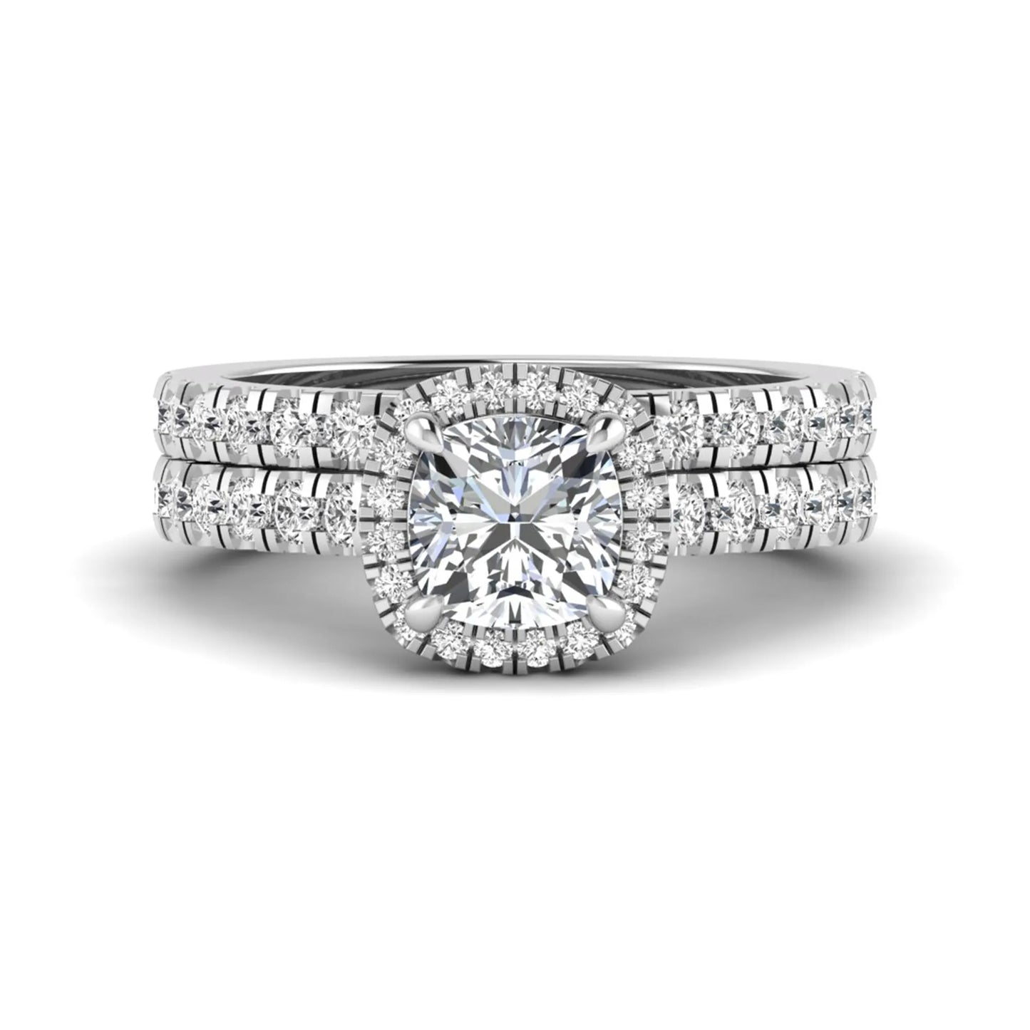 Cushion Halo Bridal Ring Set featuring a 6.00 mm cushion-cut lab grown diamond with a cushion halo, pavé cathedral engagement ring, and matching pavé wedding band in white gold