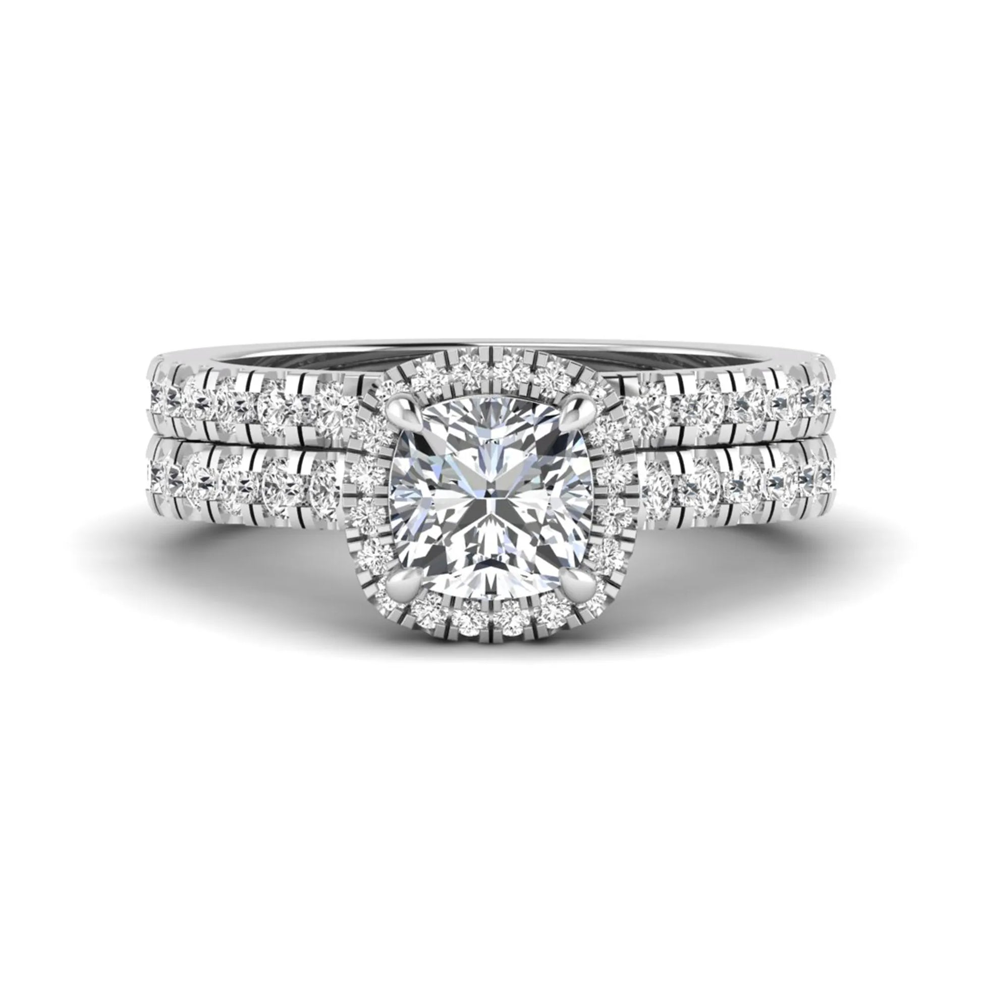 Cushion Halo Bridal Ring Set featuring a 6.00 mm cushion-cut lab grown diamond with a cushion halo, pavé cathedral engagement ring, and matching pavé wedding band in white gold