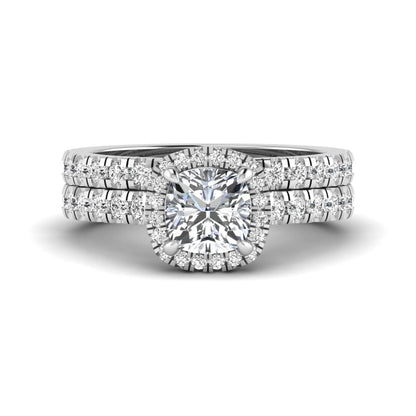 Cushion Halo Bridal Ring Set featuring a 6.00 mm cushion-cut lab grown diamond with a cushion halo, pavé cathedral engagement ring, and matching pavé wedding band in white gold