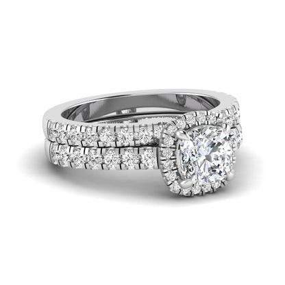 Cushion Halo Bridal Ring Set featuring a 6.00 mm cushion-cut lab grown diamond with a cushion halo, pavé cathedral engagement ring, and matching pavé wedding band in white gold