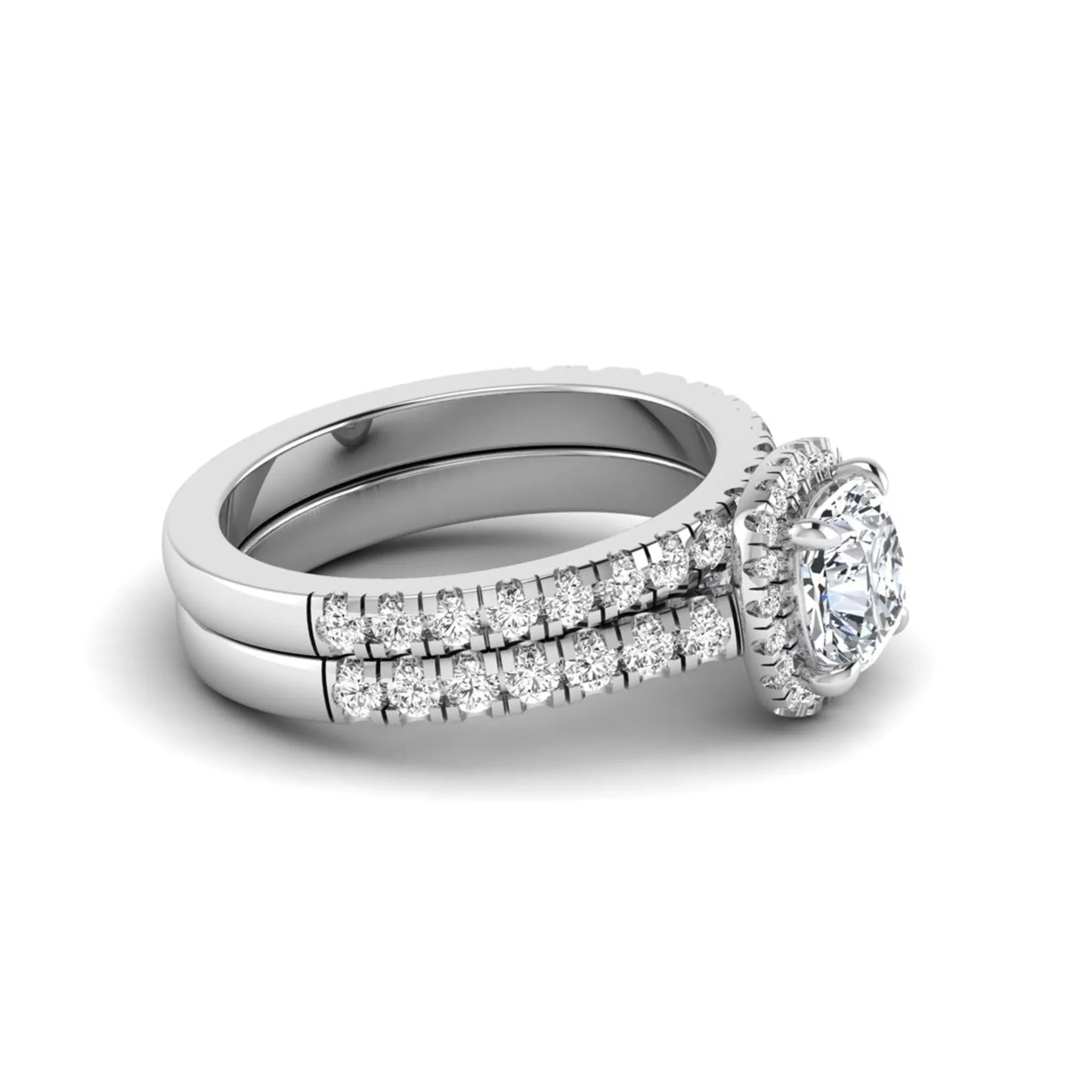 Cushion Halo Bridal Ring Set featuring a 6.00 mm cushion-cut lab grown diamond with a cushion halo, pavé cathedral engagement ring, and matching pavé wedding band in white gold