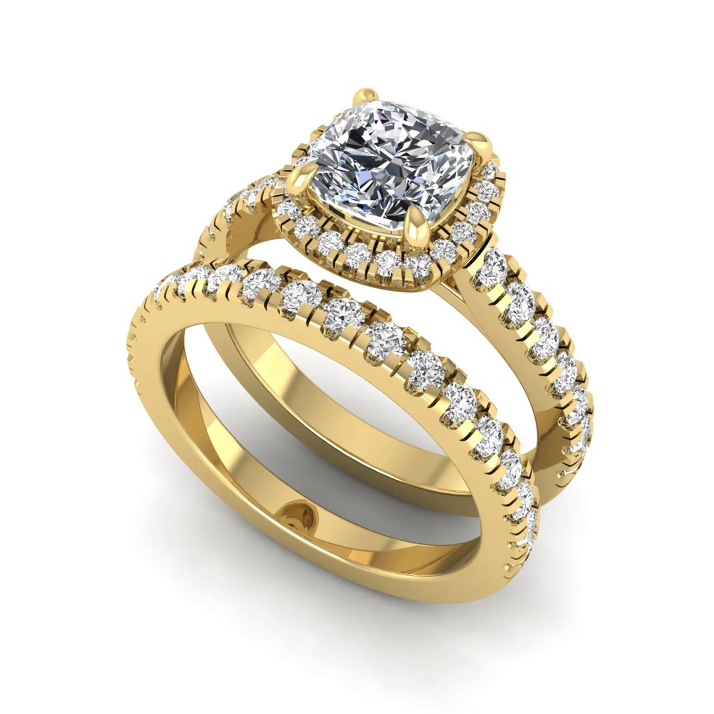 Cushion Halo Bridal Ring Set featuring a 6.00 mm cushion-cut lab grown diamond with a cushion halo, pavé cathedral engagement ring, and matching pavé wedding band in yellow gold