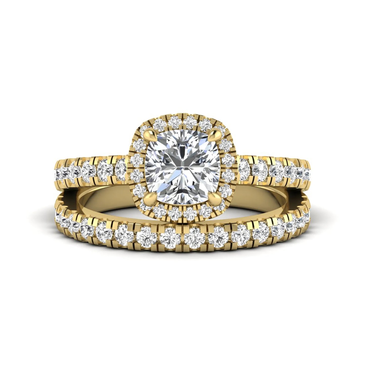 Cushion Halo Bridal Ring Set featuring a 6.00 mm cushion-cut lab grown diamond with a cushion halo, pavé cathedral engagement ring, and matching pavé wedding band in yellow gold